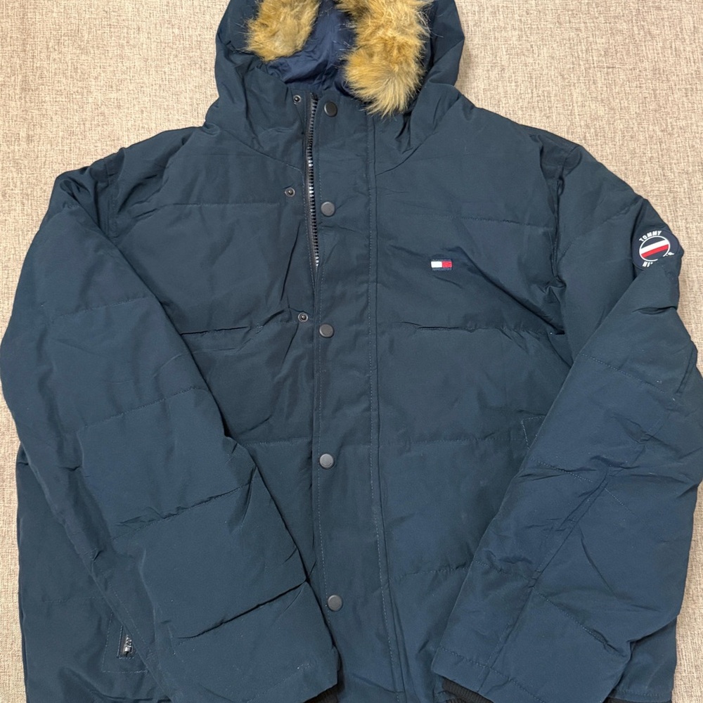 Tommy Hilfiger Dark Blue Puffer Jacket with Fur Trim